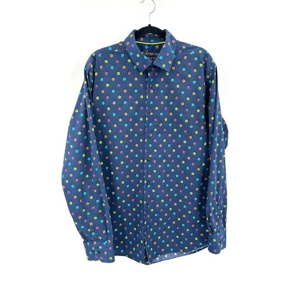 LUCHIANO VISCONTI Navy Blue Rainbow Flower Long Sleeve Button Up Dress Shirt XL - Picture 1 of 7